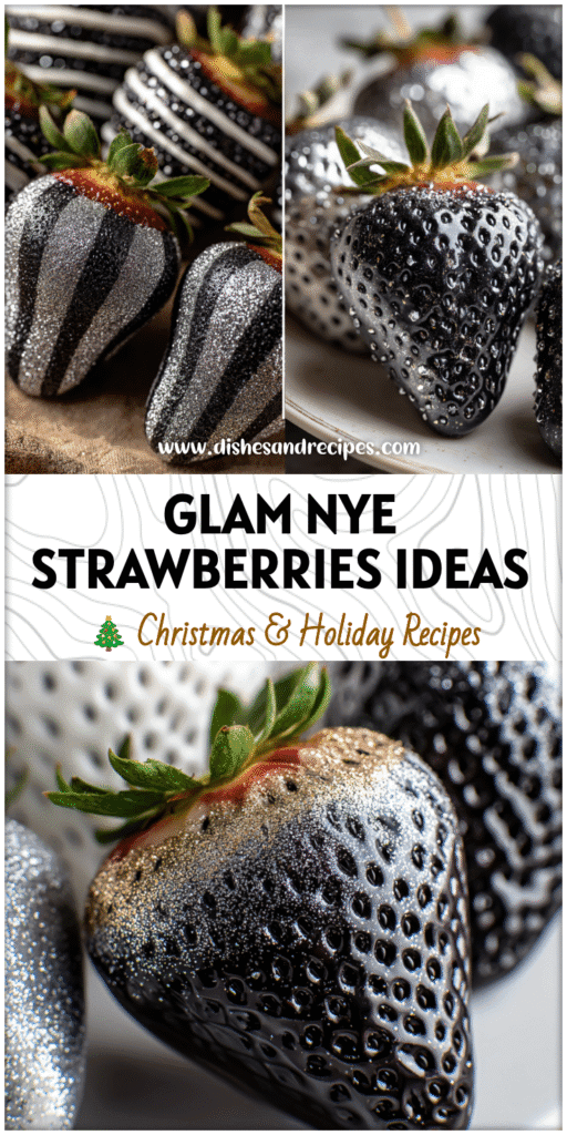 Black and silver New Years Chocolate Covered Strawberries arranged beautifully for a festive New Year’s Eve party.